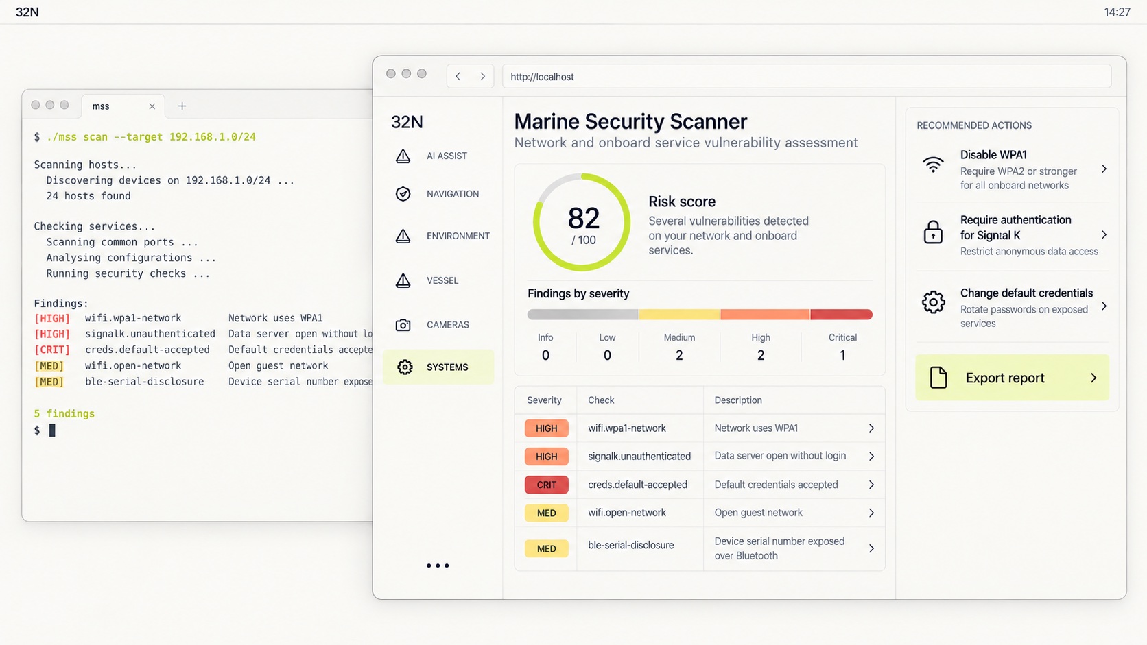 Marine Security Scanner concept: a desktop with a terminal running a network scan beside a browser dashboard of the findings and a risk score.