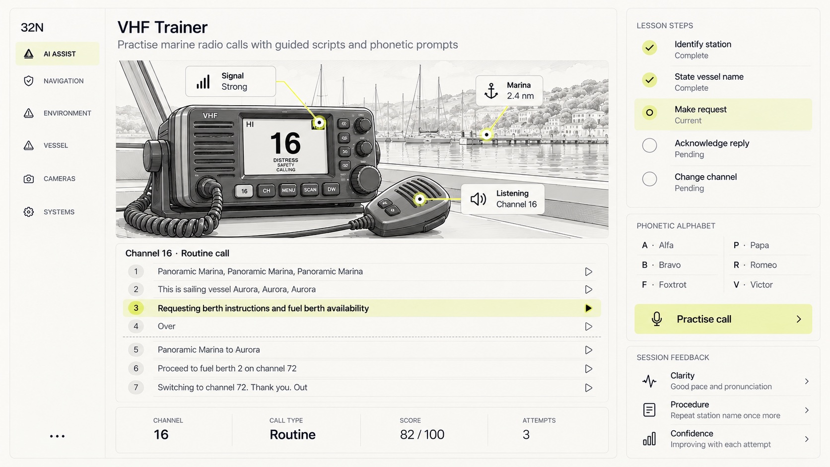 VHF Trainer concept: a marine radio above a scripted Channel 16 call, with lesson steps, the phonetic alphabet and session feedback.